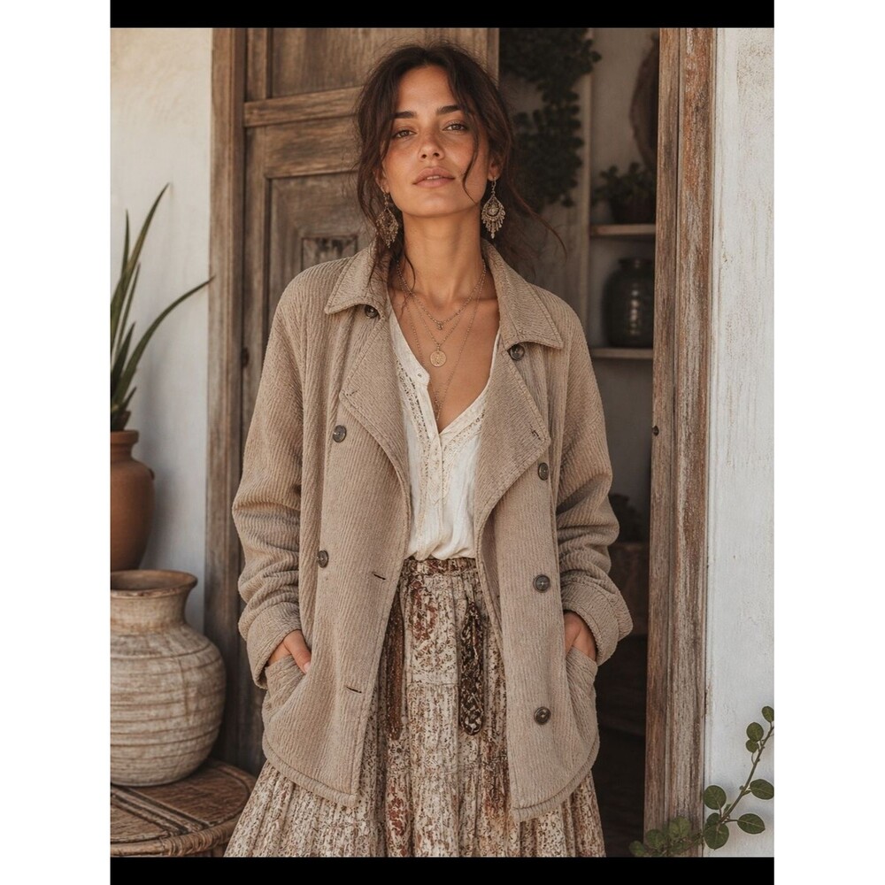 Vtg Free People Taupe Textured Double Breasted Jacket Coat L Boho Coastal Oversi